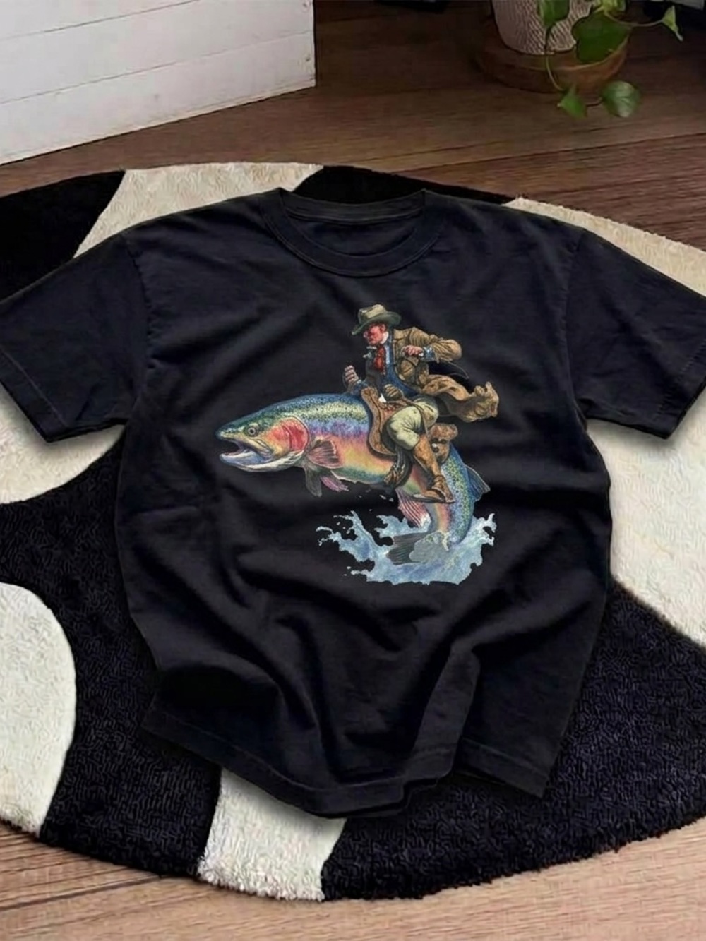 Cowboy Riding Fish Rider Shirt, Funny Western Surreal Graphic Tee - Unisex
